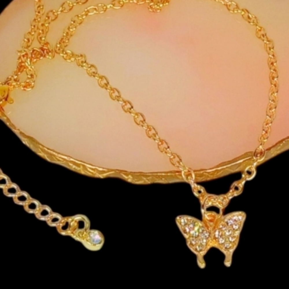 Gold Butterfly Pendant Necklace Luxe Bling Mod 60s Modern Retro Glam Sparkling